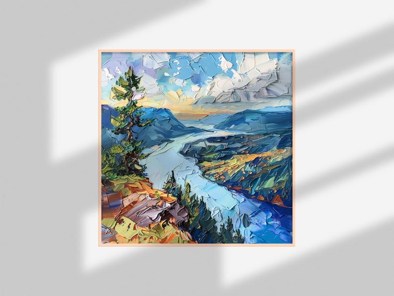 May include: A painting of a river winding through a valley, with a single pine tree in the foreground. The sky is blue with white clouds, and the river is a light blue. The valley is a mix of green and brown.