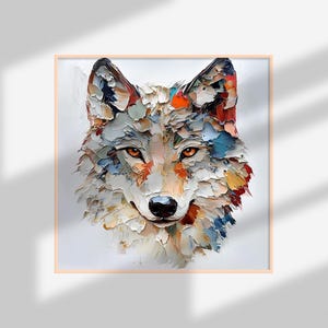 May include: A square framed painting of a wolf's head. The artwork uses a textured, impasto style with visible brushstrokes. The wolf's fur is rendered in shades of white, gray, orange, blue, and red. The wolf has orange eyes and a black nose.