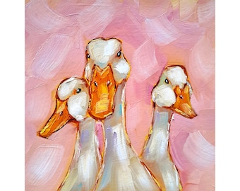 Three Geese Painting Duck Portrait Farmhouse Animals Art Friendship Artwork by ArtSenya