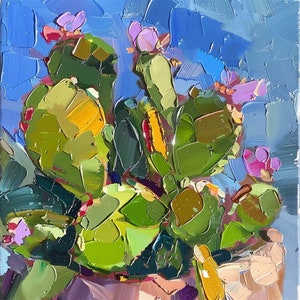 Cactus Impasto Oil Painting Cactus Flowers Original Art Arizona Artwork Floral Wall Art by ArtSenya