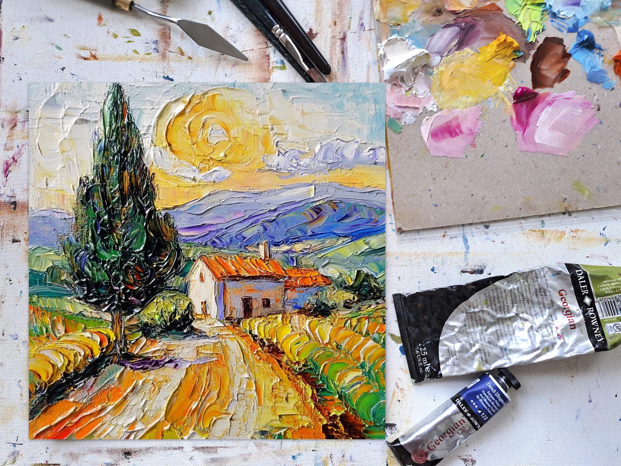 トスカーナの絵画：イタリアの田園風景のインパストアート、夕焼けの