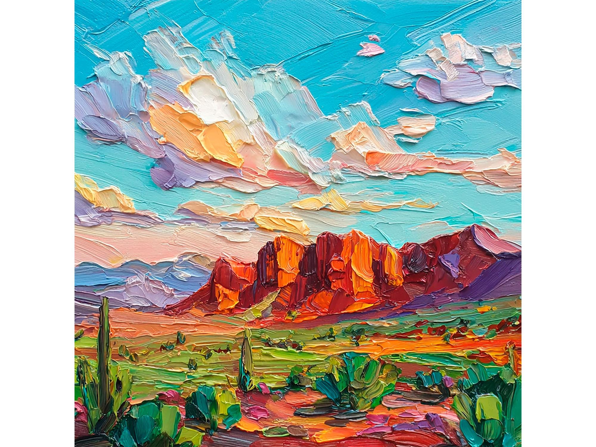 油絵　oil painting Arizona Desert Oil Painting: Colorful Landscape Art Southwest Wall