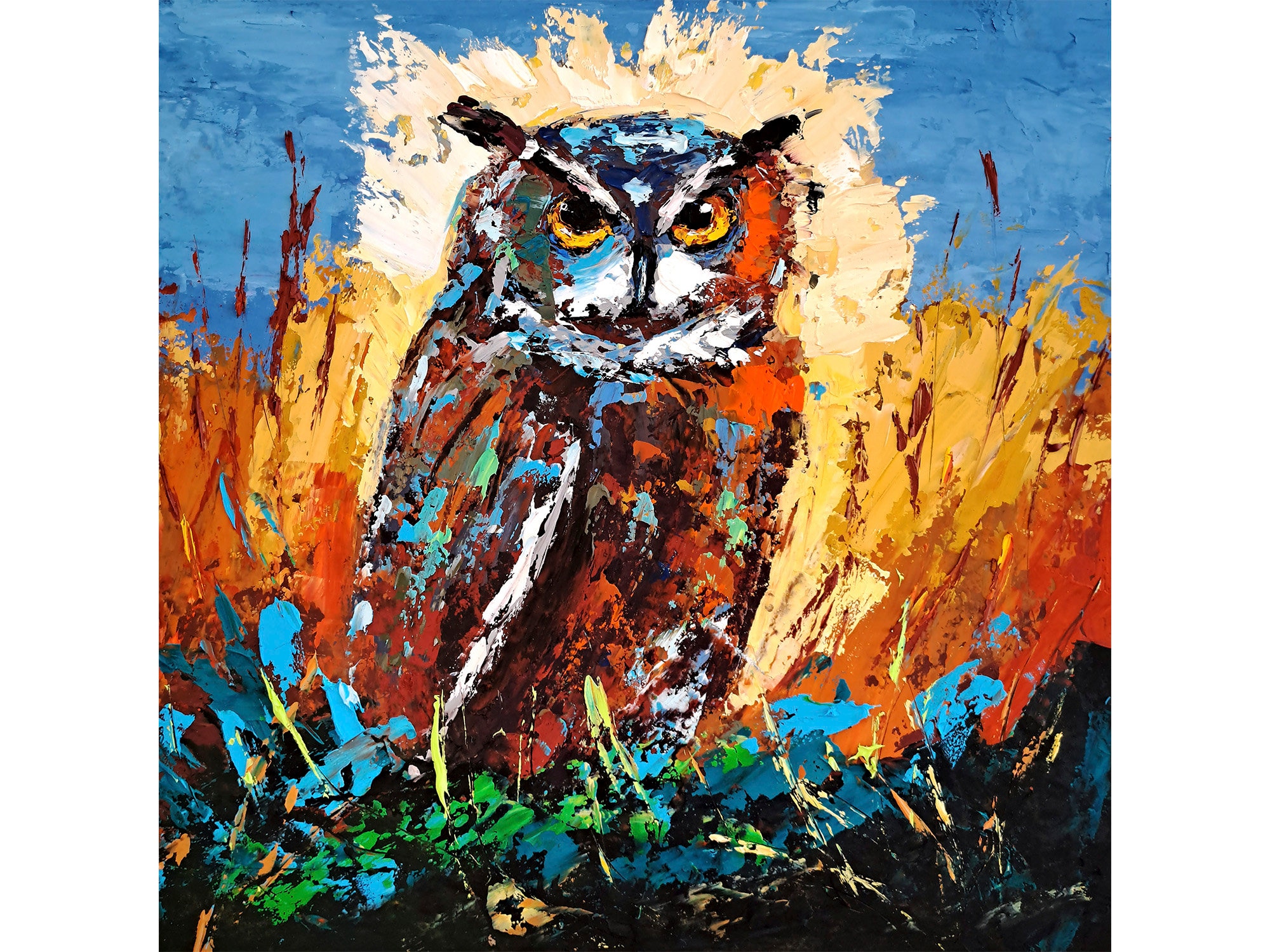 Owl Painting Bird Original Art Animals Impasto Painting Eagle Owl Artwork by ArtSenya