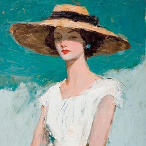 Vintage Lady Portrait Oil Painting Woman In Hat Wall Art Feminine Impasto Style Elegant Woman Figurative Canvas French Riviera Decor
