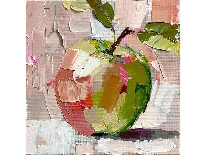 May include: A close-up of a painting of a red apple with green leaves on a pink and white background.
