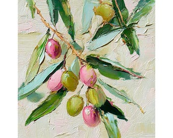 オリーブの枝 油彩画 オリーブの枝の油絵：ボタニカルキッチンウォール