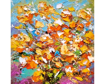 « Peinture à l'huile de fleurs sauvages jaunes, art floral original, fleurs abstraites, empâtements, oeuvre d'art Cadeaux pour les mamans » par ArtSenya