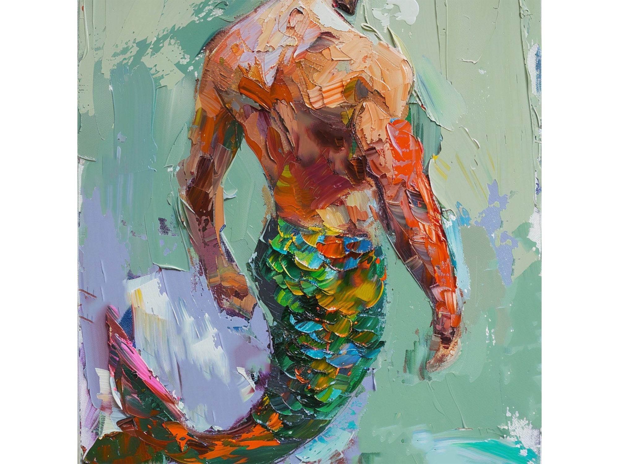 Mermaid Male Body Painting Men Original Art Fairy Tale Impasto Artwork Gay Artwork Gifts for Him by ArtSenya
