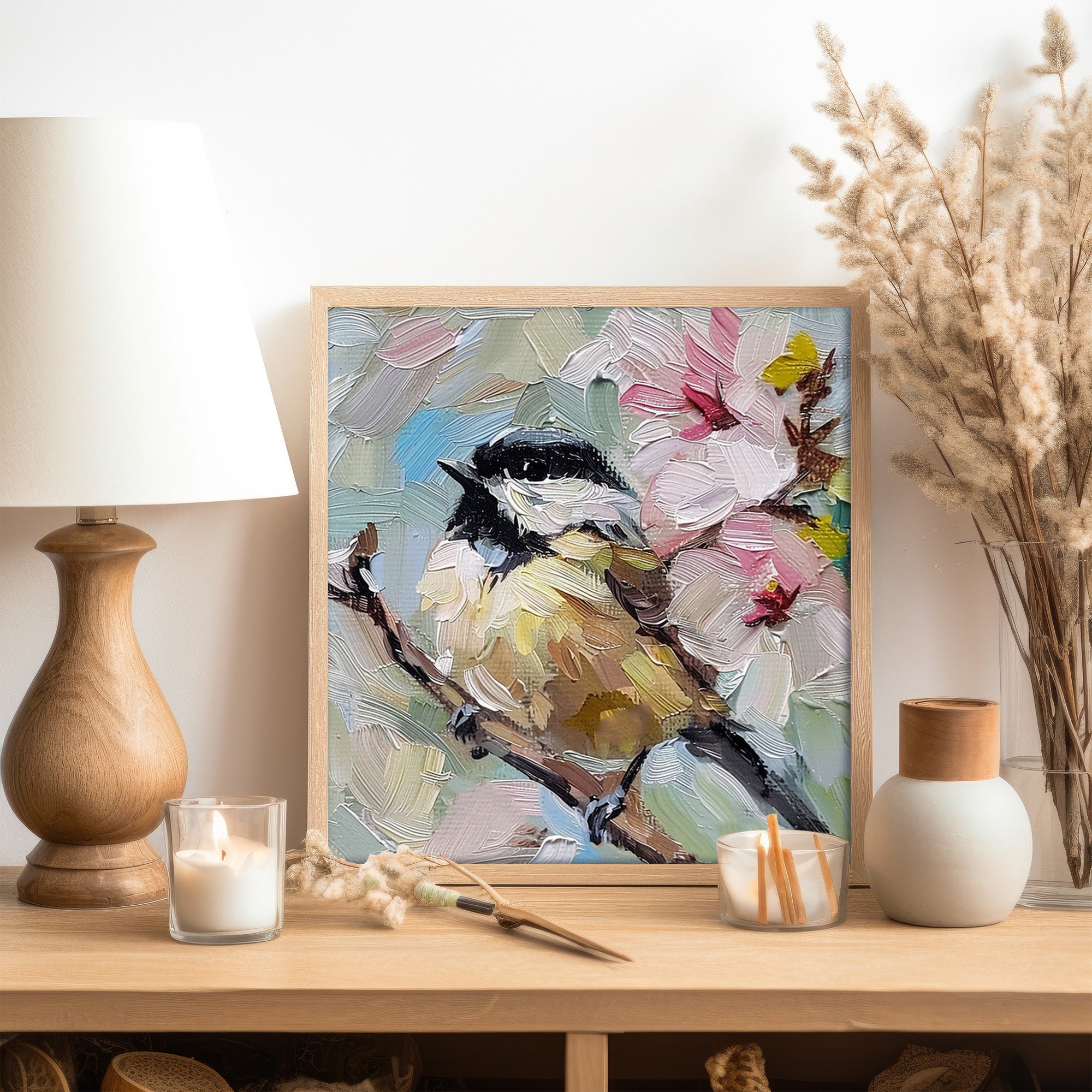チカディー キャンバス油絵 小鳥 オリジナル絵画 花 キャンバスアート
