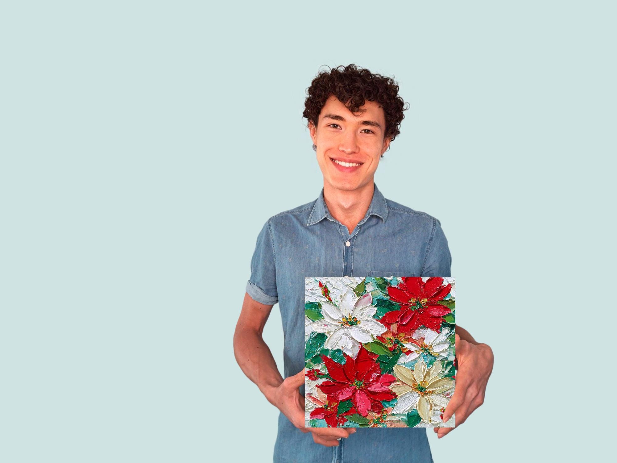 ポインセチアの絵画：クリスマスの花のオリジナル油絵、赤と白の花の