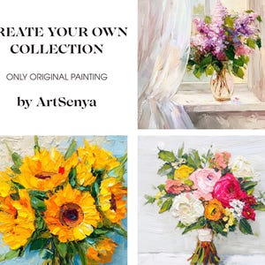 May include: Three paintings of floral arrangements. The first painting shows a bouquet of purple lilacs in a vase on a windowsill. The second painting shows a bouquet of yellow sunflowers. The third painting shows a bouquet of pink and white roses.