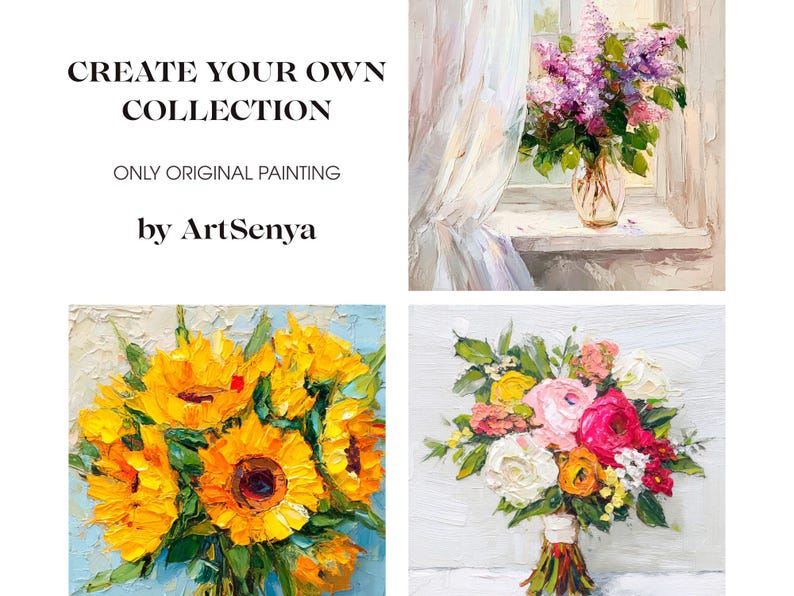 May include: Three paintings of floral arrangements. The first painting shows a bouquet of purple lilacs in a vase on a windowsill. The second painting shows a bouquet of yellow sunflowers. The third painting shows a bouquet of pink and white roses.