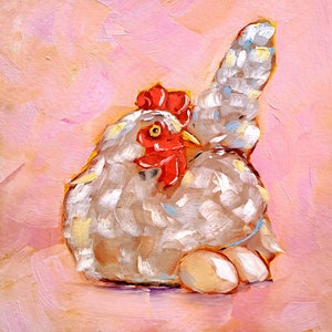 Chicken Painting Hen Original Art Farm Animal Oil Painting Bird Artwork 10" by 10"