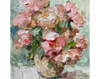 May include: A painting of a bouquet of pink peonies in a white vase. The flowers are painted in a loose, impressionistic style with thick brushstrokes. The background is a soft green.