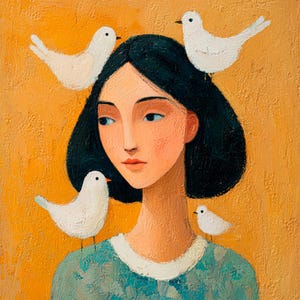 Ragazza con uccelli in stile naif, grande dipinto a olio su tela, arte popolare, ritratto, decorazione da parete, regalo di ArtSenya