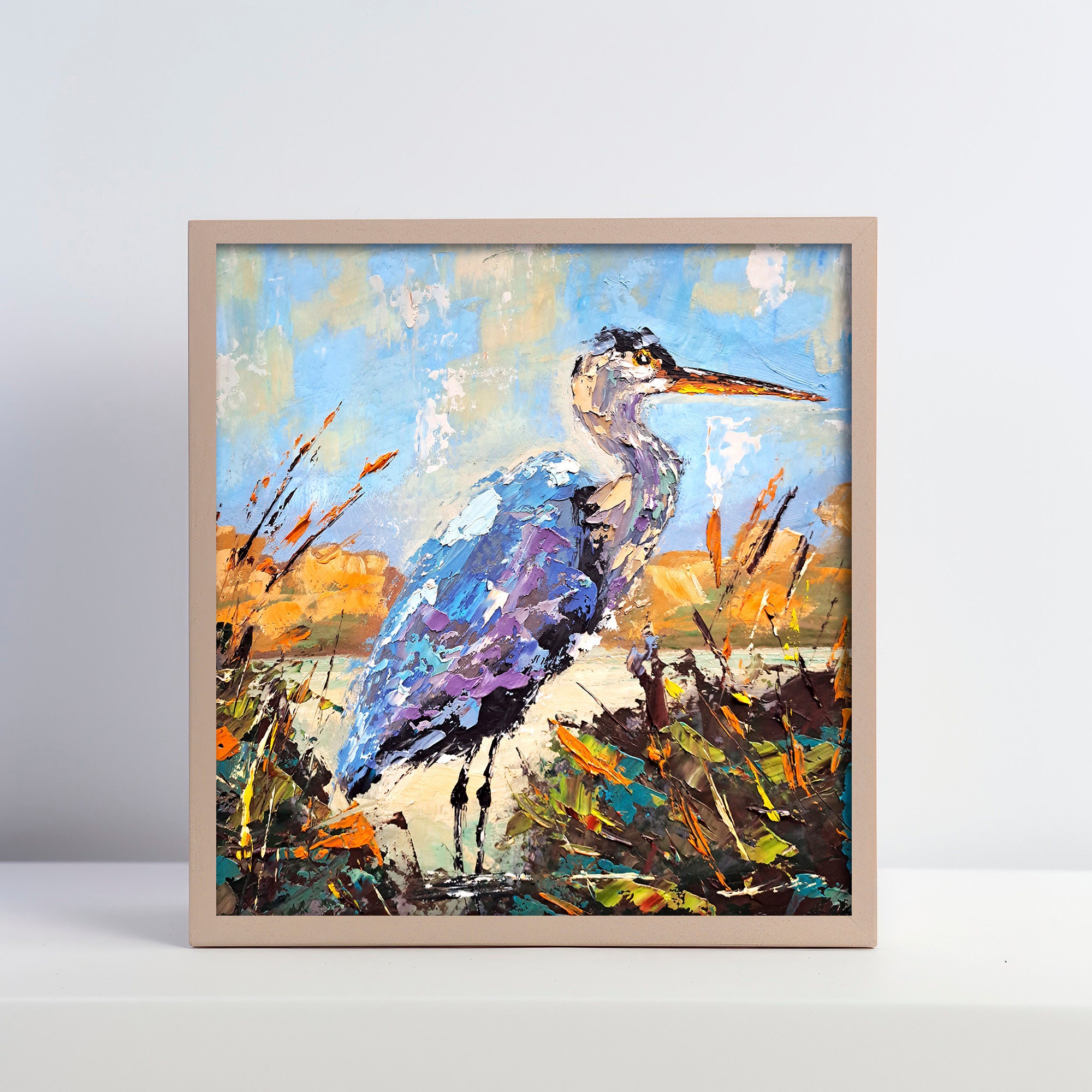 オオアオサギの絵画 沼地の動物 オリジナルアート 鳥 油絵 ArtSenya 作