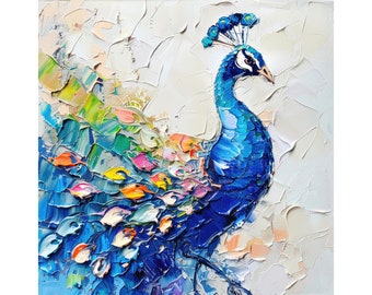 Pfau Ölgemälde Vogel Original Art Rustikale Tiere Impasto Kunstwerk Strukturierte Wandkunst Dekor für Zuhause Frühlingsgeschenke von ArtSenya