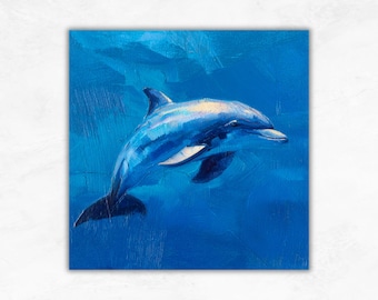 イルカの油絵 イルカの絵画：オリジナル油絵、満月の海景（10x10） - Etsy 日本