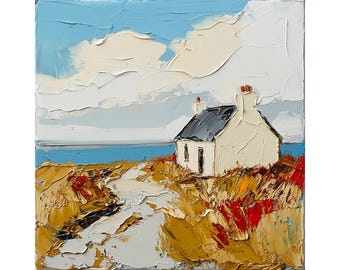 May include: A painting of a white cottage with a blue roof, set against a backdrop of a blue sea and a cloudy sky. The cottage is surrounded by tall, golden grass.