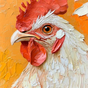Chicken Impasto Oil Painting Textured White Hen Wall Art Farmhouse Animal Decor Original Rooster Kitchen Artwork by ArtSenya
