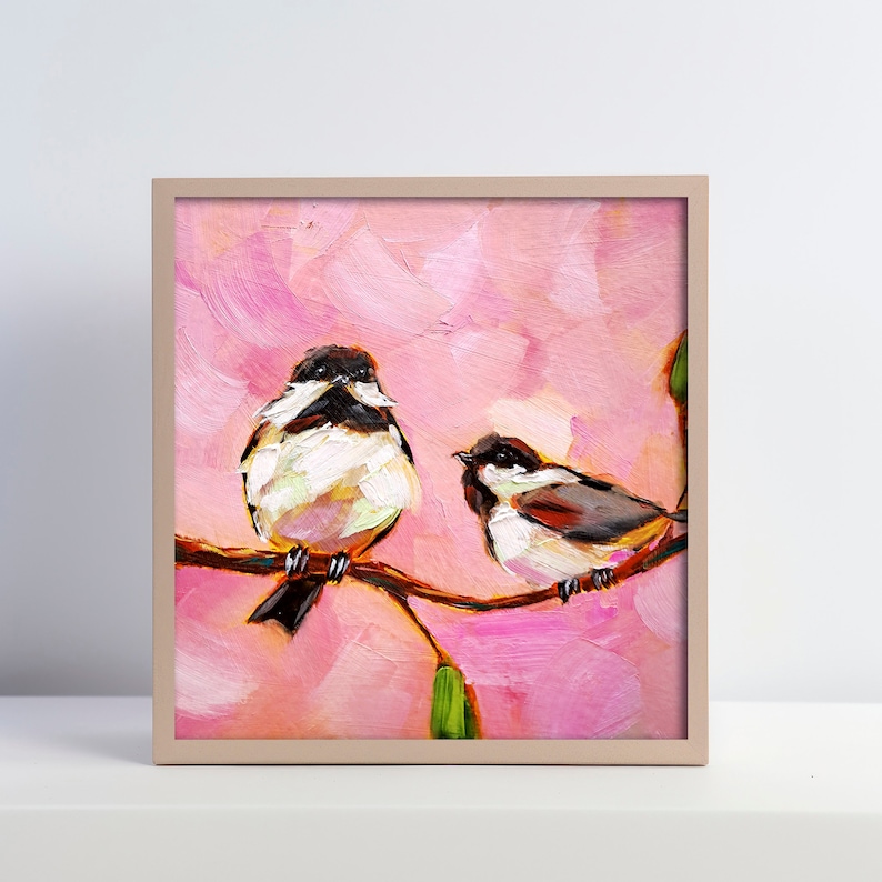 Chickadee Painting Bird Original Art Couple Animals Oil Painting Friendship Artwork image 7