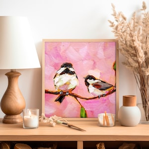 Chickadee Painting Bird Original Art Couple Animals Oil Painting Friendship Artwork image 3