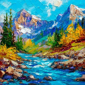 Dipinto ad olio Impasto Rocky Mountain River: arte paesaggistica strutturata