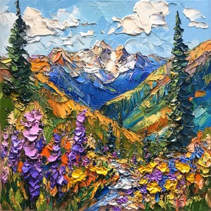 Dipinto di fiori selvatici sulle montagne del Colorado: arte a olio strutturata delle Montagne Rocciose