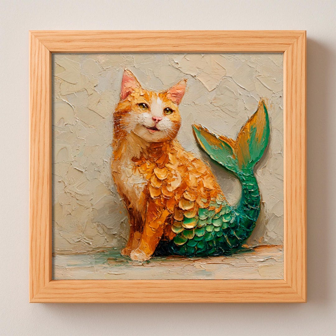 Mermaid Cat Impasto Oil Painting Whimsical Animal Wall Art Orange Tabby ...