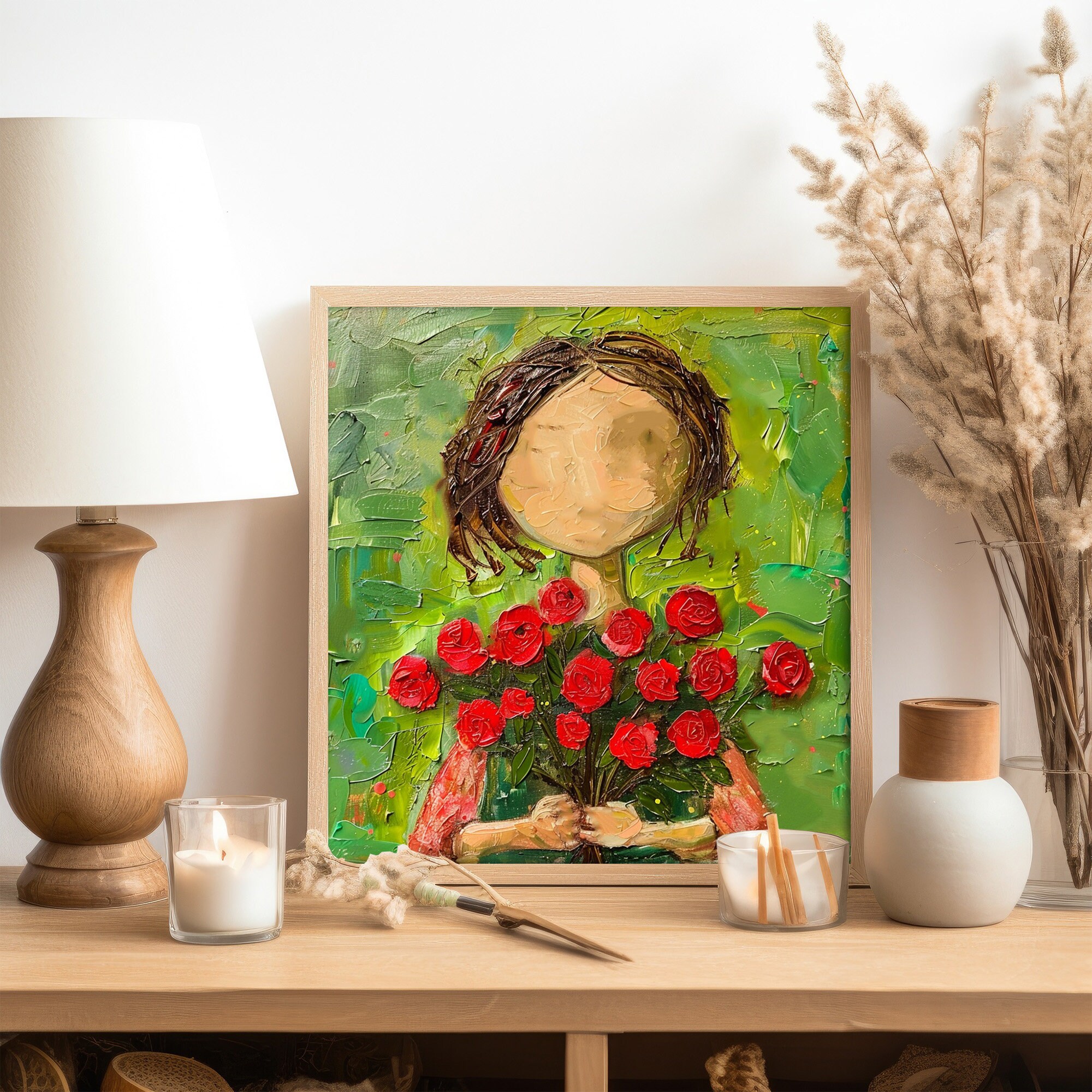 Girl Portrait Oil Painting Rose Flowers Original Art Woman Portrait ...