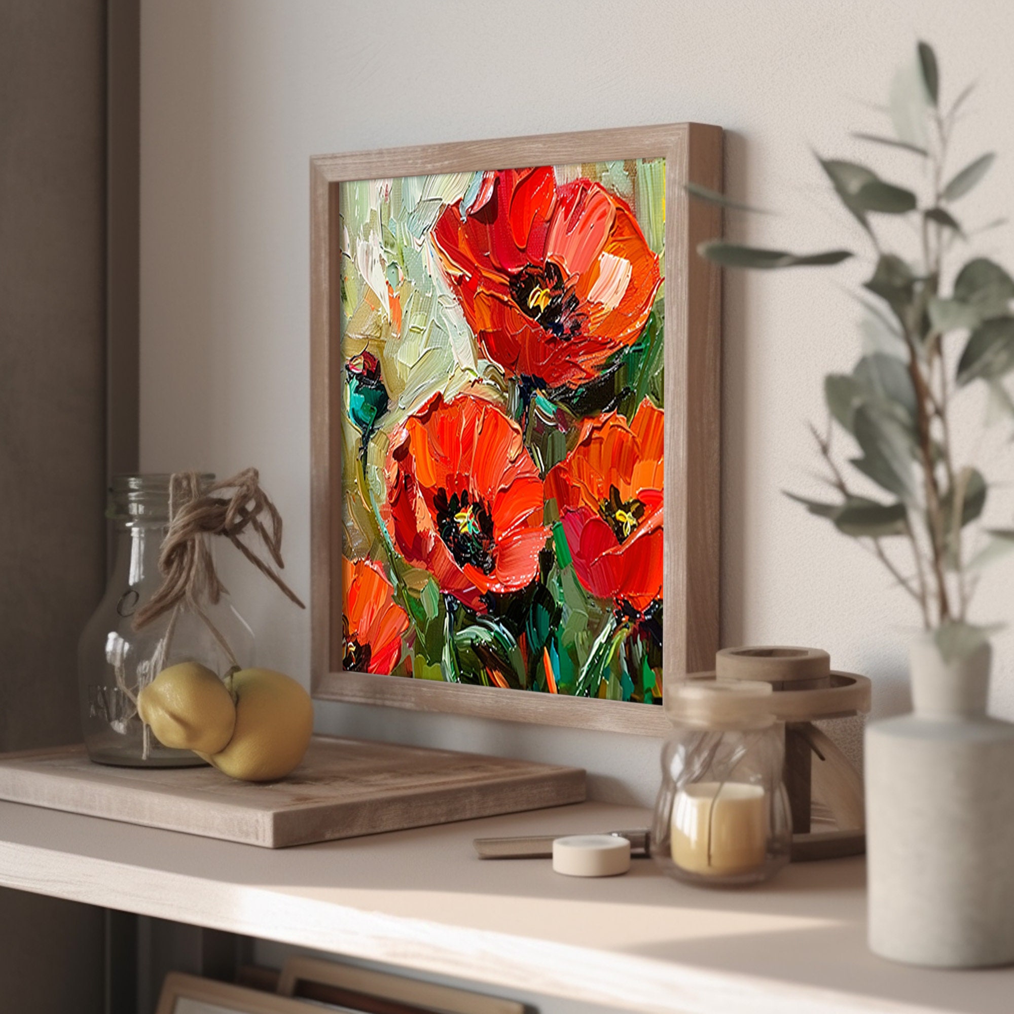 Leinwandbild 'Roter Mohn' – Handgemalter Stil, 20x28 Zoll, 4 Cm Galerie-Rahmen, Für Moderne Wanddekoration