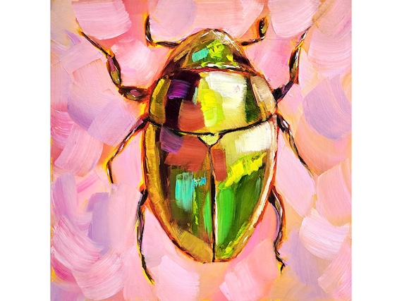 油絵、虫、アフリカアート カブトムシの絵画 昆虫 オリジナルアート 動物 油絵 虫 壁アート