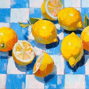 Zitrone Malerei Küche Wand Kunst Blau Kariert Obst Impasto Öl Kunst Helle Zitrus Dekor Gelbe Zitronen Stillleben Kunst von ArtSenya