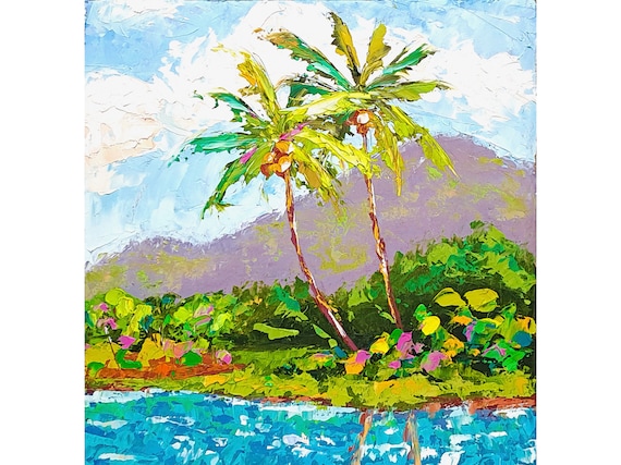 Hawaii Painting On Canvas Palm Trees Original Art Seascape Impasto Oil Painting Oahu Wall Art by ArtSenya