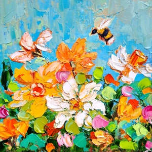 Daffodils Oil Painting Honeybee Original Art Flowers Impasto Artwork Kitchen Wall Art by ArtSenya