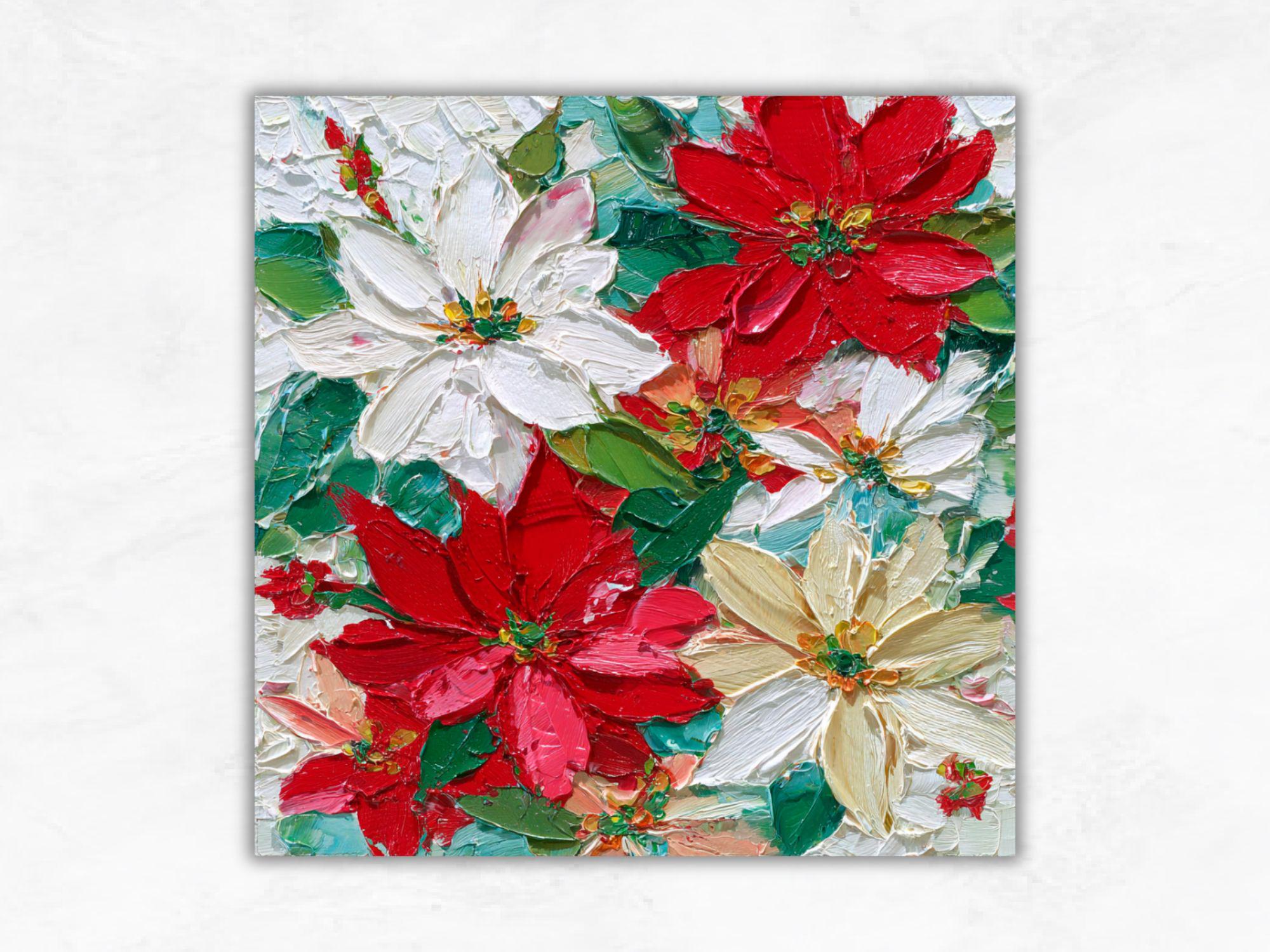 ポインセチアの絵画：クリスマスの花のオリジナル油絵、赤と白の花の