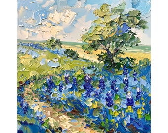Texas Paesaggio Pittura a olio Quercia Albero Impasto Arte originale Bluebonnet Fiori Decorazione da parete Regali di ArtSenya