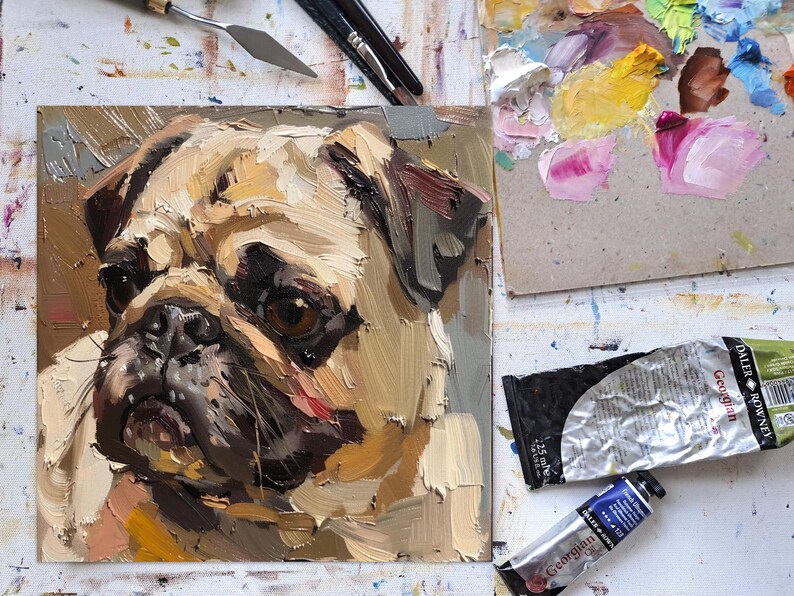 Pug Portrait Oil Painting on Canvas Dog Original Art Gifts for Pet's by