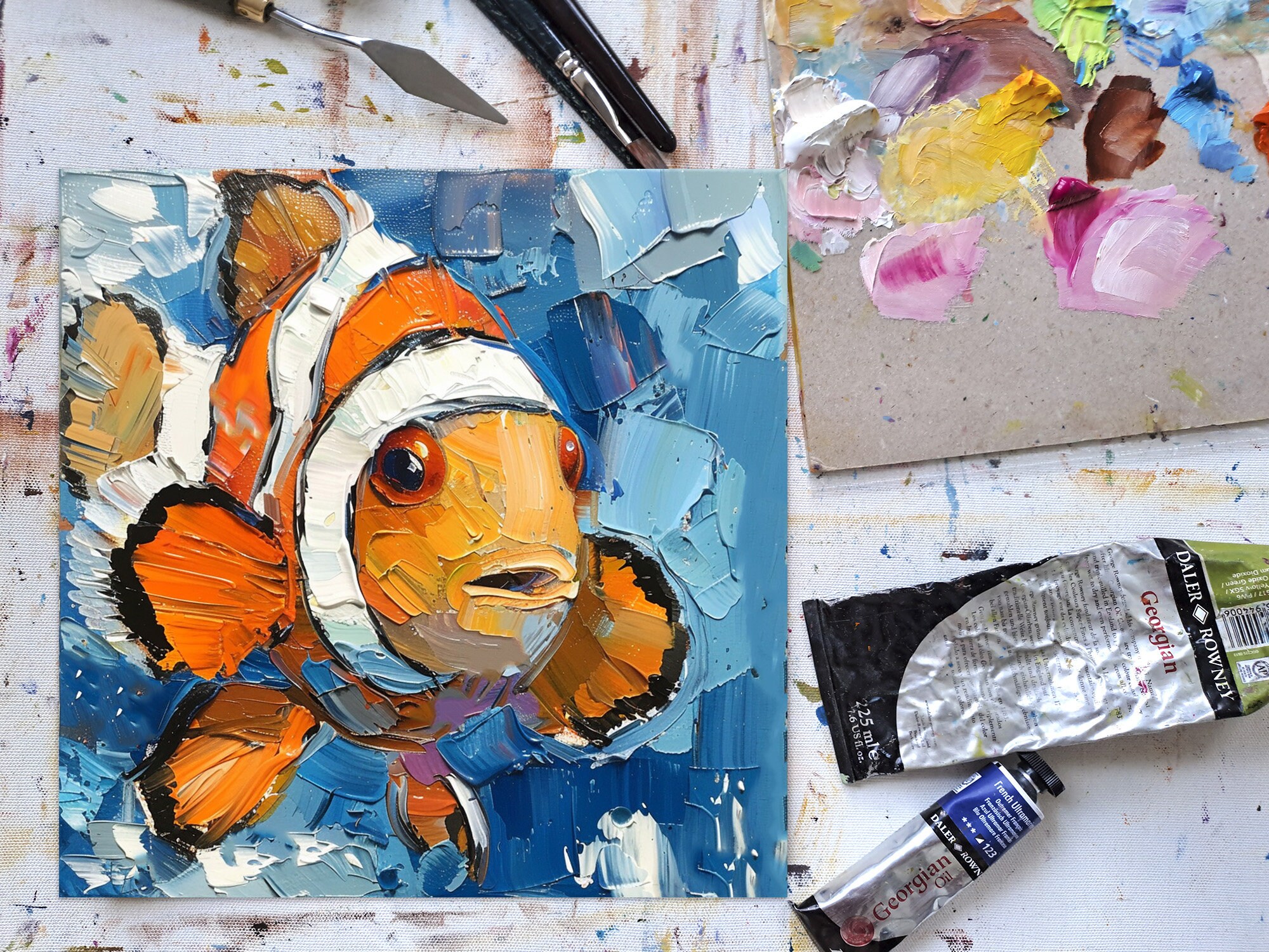 カクレクマノミの油絵：オリジナルインパスト海洋アート（10x10インチ