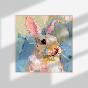 May include: A painting of a white rabbit with pink ears, painted in a loose, impressionistic style with visible brushstrokes. The background is a mix of blue, green, and yellow.