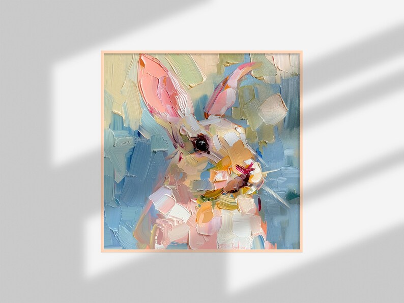 May include: A painting of a white rabbit with pink ears, painted in a loose, impressionistic style with visible brushstrokes. The background is a mix of blue, green, and yellow.