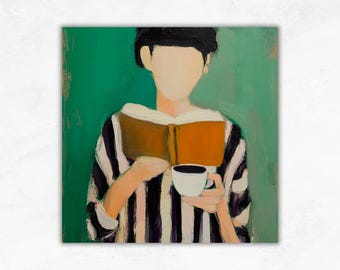 読書する男性抽象油絵：ミニマリストアートセニヤ壁装飾 - Etsy 日本