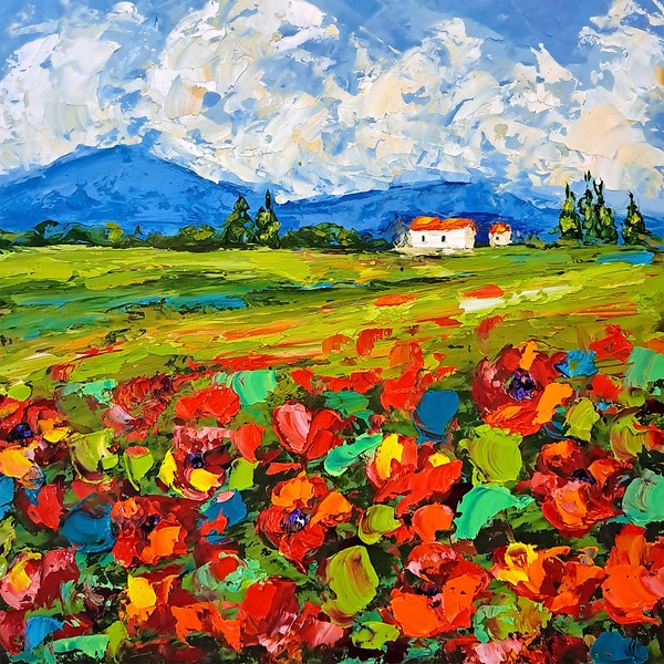 Tuscany Painting Red Poppy Fields Original Art Italy Landscape Impasto Oil Painting Mountain Artwork