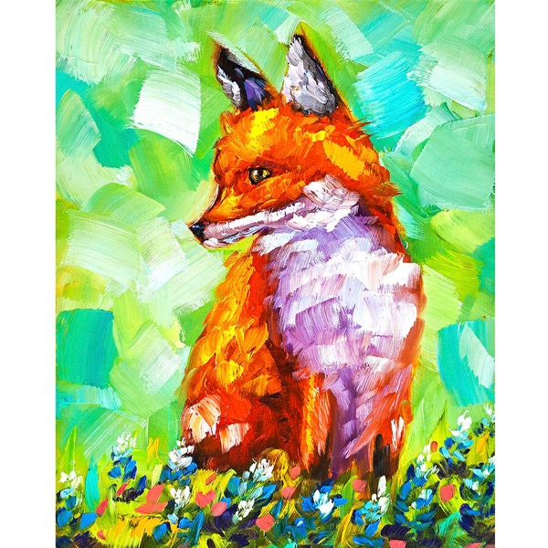 « Peinture de renard lupin, art original d'animaux sauvages, peinture à l'huile, oeuvre d'art florale, cadeaux de Pâques » par ArtSenya