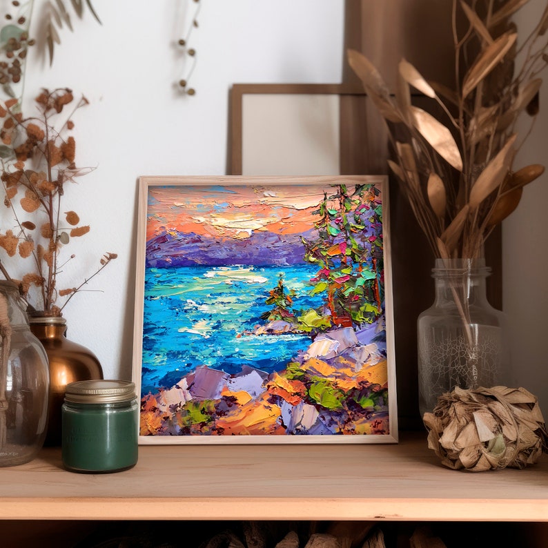 Tahoe Lake Oil Painting California Original Art Pine Trees Impasto ...