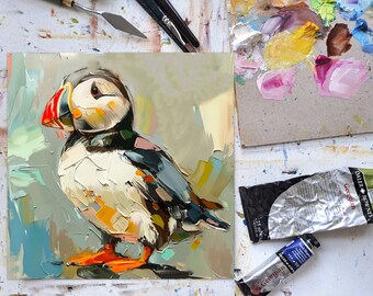 パフィン インパスト ペインティング 動物 オリジナルアート 鳥の