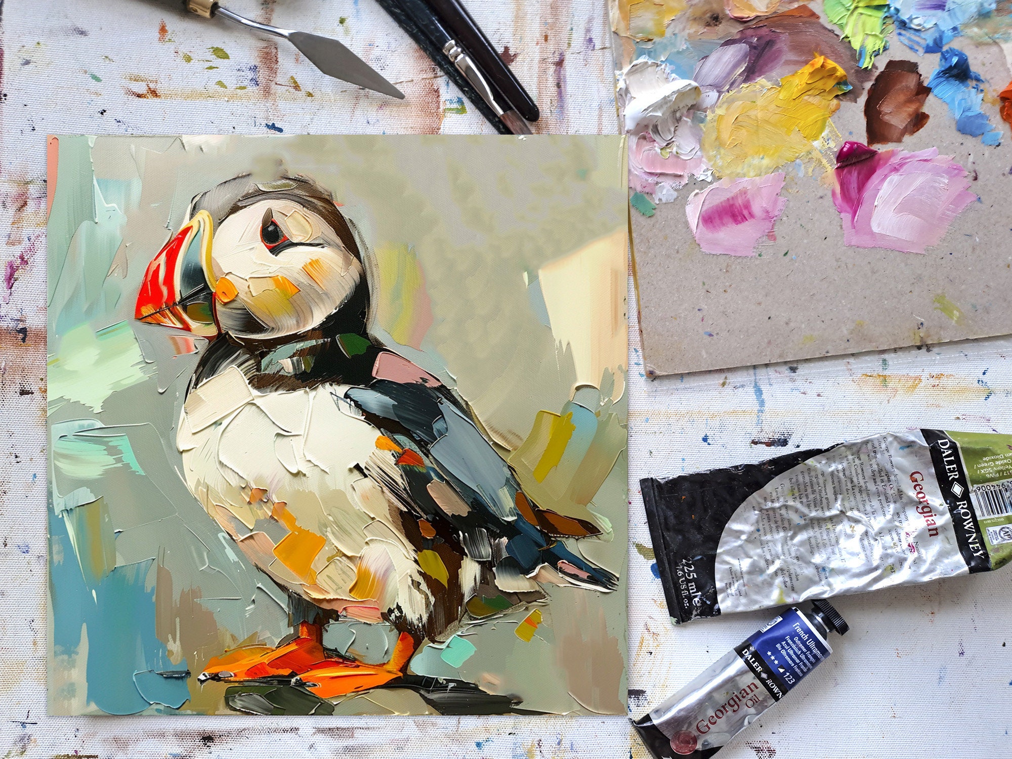 パフィン インパスト ペインティング 動物 オリジナルアート 鳥の