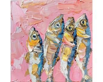 Sardine Painting On Canvas Sardine Fish Original Art Animal Impasto Artwork Kitchen Wall Art by ArtSenya