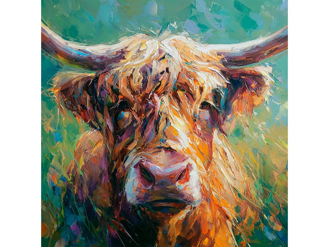 Highland Cow Oil Painting on Canvas: Colorful Impasto Farmhouse