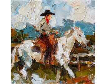 カウボーイの馬の油絵：素朴な西部牧場アート - Etsy 日本